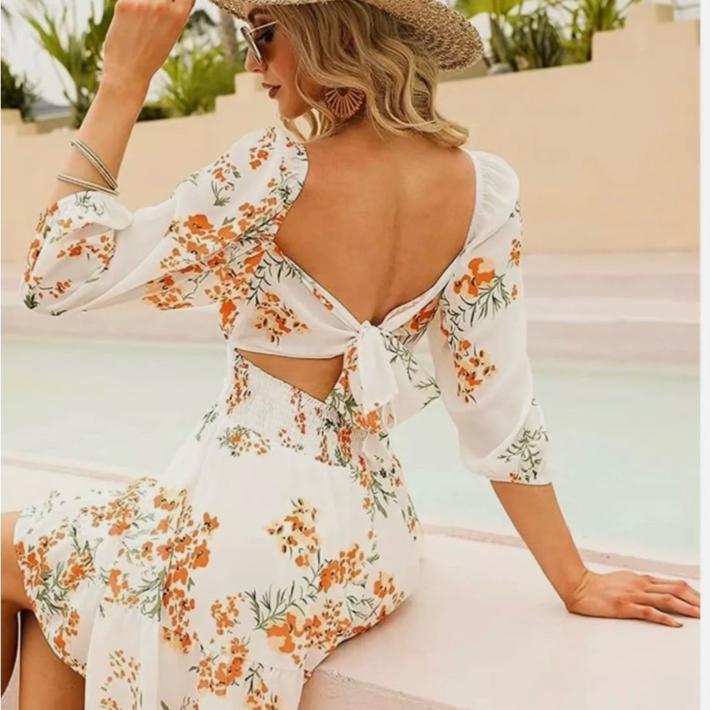 EXLURA OFF SHOULDER FLORAL LANTERN SLEEVE MINI DRESS. WOMEN’S SIZE MEDIU…